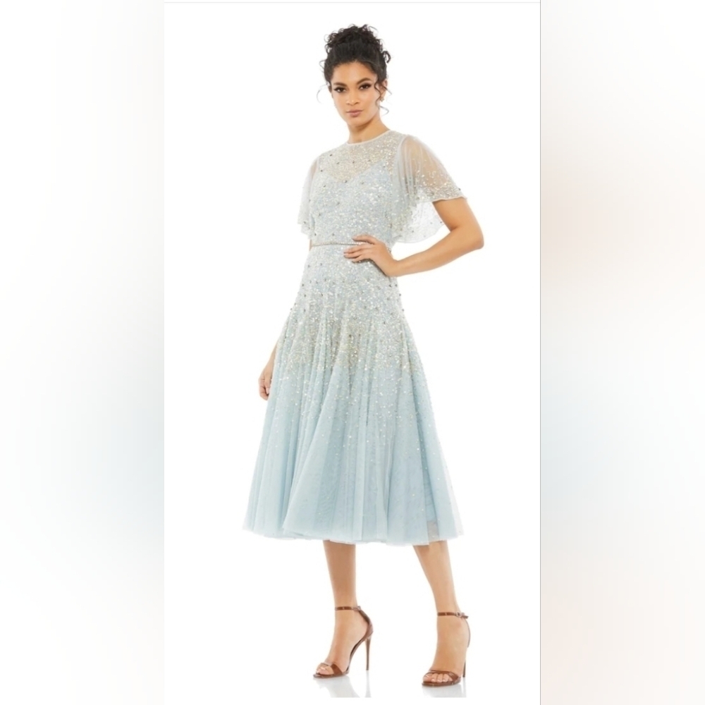 Mac Duggal, Cape Sleeve Beaded Tea Length A-line Dress, Powder Blue, Size 4, NWT